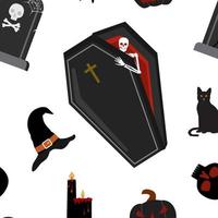 modèle sans couture de vecteur effrayant halloween avec cercueil noir et squelette, chapeau de sorcière, pierre tombale, bougies sanglantes, lanterne de citrouille, chat noir. isolé sur fond blanc.