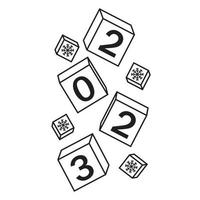 calendrier pour noël, cubes tombant du nouvel an avec le nombre 2023, doodle contour noir, illustration vectorielle vecteur