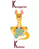 alphabet latin abc des professions animales commençant par la lettre k tricoteuse kangourou en style cartoon. vecteur