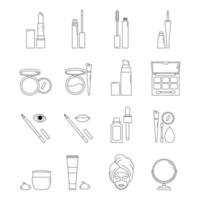 ensemble d'icônes de ligne noire et blanche de produits cosmétiques. vecteur
