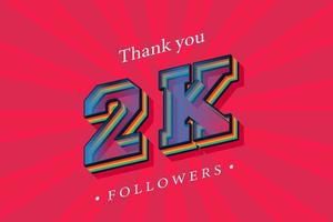 merci 2k followers et abonnés sociaux avec des nombres effet de texte rétro à la mode rendu 3d vecteur