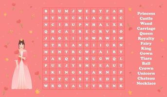 jeu éducatif de recherche de mots pour enfants, petite princesse tenant une fleur d'amour, feuille de travail imprimable ou énigme pour livre vecteur