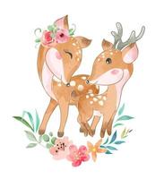 mignon famille de cerfs avec des fleurs vecteur