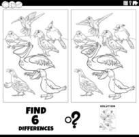 jeu de différences avec la page de coloriage des animaux d'oiseaux de dessin animé vecteur