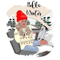 fille d'hiver dans la cabine de la voiture, illustration vectorielle de mode vecteur