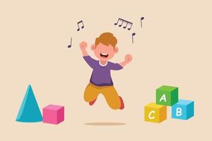un petit garçon heureux apprend à chanter dans la classe de maternelle. le concept d'activité des élèves en classe. illustrations vectorielles plates isolées. vecteur