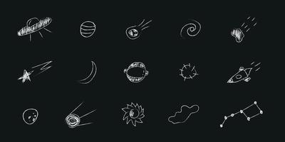 illustration de doodle cosmos dans un style enfantin, clipart de conception. éléments d'espace abstrait dessinés à la main avec lettrage. noir et blanc. vecteur