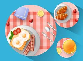 petit-déjeuner avec œufs, bacon, pain, croissant et une tasse de café