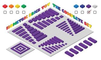 l'ensemble complet de jouets en briques pour enfants 3d violets dans un style isométrique. blocs de construction en plastique jouet illustration vectorielle isolé sur blanc. conception plate de jouet de brique de construction carrée. jeu de briques en plastique vecteur