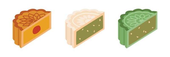 ensemble d'un demi-gâteaux de lune avec différentes saveurs et clipart de remplissage d'ingrédients. riz gluant cuit au four, illustration de conception de vecteur de gâteau de lune de saveur de thé vert matcha. gâteau de lune du festival de la mi-automne