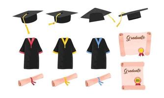 l'obtention du diplôme fournit un ensemble de cliparts. clipart de chapeau de graduation. robe de graduation, diplôme et diplôme défilent illustration vectorielle de style aquarelle isolé sur fond blanc. dessin animé de diplôme de fin d'études vecteur