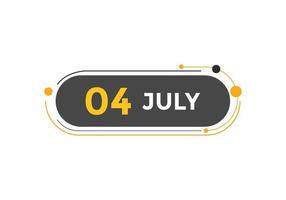 rappel du calendrier du 4 juillet. Modèle d'icône de calendrier quotidien du 4 juillet. modèle de conception d'icône calendrier 4 juillet. illustration vectorielle vecteur