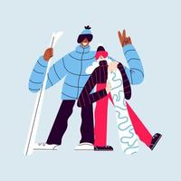 skieurs heureux isolés. femme et homme en vêtements chauds avec skis et snowboard. des gens souriants en combinaisons de ski posant pour une photo sur fond bleu. vecteur