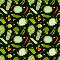 modèle sans couture avec des légumes sur un fond sombre. un motif de légumes verts biologiques frais et quelques rouges isolés. illustration vectorielle stock de fond d'épicerie. vecteur