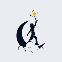 petit enfant tient une épée sur le logo de la lune vecteur