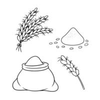 ensemble monochrome d'icônes, épis de blé mûrs, sac de céréales et de farine, illustration vectorielle en style cartoon sur fond blanc vecteur