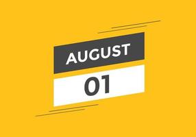 rappel du calendrier du 1er août. Modèle d'icône de calendrier quotidien du 1er août. modèle de conception d'icône calendrier 1er août. illustration vectorielle vecteur
