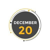 rappel du calendrier du 20 décembre. Modèle d'icône de calendrier quotidien du 20 décembre. modèle de conception d'icône calendrier 20 décembre. illustration vectorielle vecteur