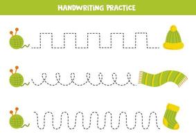 tracer des lignes pour les enfants. pelote de laine et de vêtements dessinée à la main. pratique de l'écriture. vecteur
