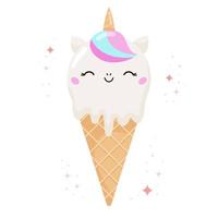 glace licorne kawaii au goût de chewing-gum. produit de boulangerie de dessert alimentaire de dessin animé. poney rond dans le cornet gaufré. illustration vectorielle. vecteur