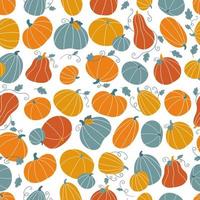 modèle sans couture avec des citrouilles et des feuilles de doodle dessinés à la main. légumes colorés de style plat. conception pour un jour de remerciement ou une célébration d'halloween. illustration vectorielle d'automne. vecteur