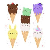 ensemble vectoriel de crème glacée en forme d'animal. ours kawaii mignon, chats, lapin et licorne. crème glacée avec différentes boules dans le cône de gaufre. produit de boulangerie de dessert alimentaire de dessin animé.