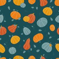 modèle sans couture de doodle dessiné à la main avec des citrouilles et des feuilles. jour de remerciement ou célébration d'halloween. légumes colorés de style plat. illustration vectorielle d'automne. vecteur