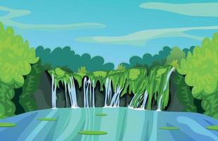 fond de jeu 2d belles cascades naturelles au milieu de la forêt vecteur