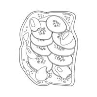 contour toast aux olives, concombres, tomates, poivrons et crème sure. pain grillé aux légumes sur une tranche de pain grillé. sandwich ouvert. collation végétalienne. illustration vectorielle. vecteur