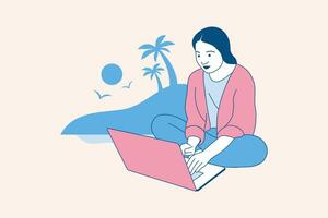 illustrations de belle femme nomade numérique aiment travailler avec un ordinateur portable sur le concept de design de plage vecteur