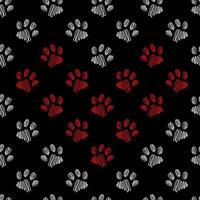 motif noir et blanc harmonieux d'impression de patte d'animal. coeur rouge fait d'empreintes de pattes d'animaux. fond de vecteur dessiné à la main.