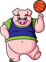 le cochon mignon joue au basket et fait un tour vecteur