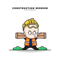 personnage de dessin animé mignon de bébé ouvrier du bâtiment transportait du bois vecteur