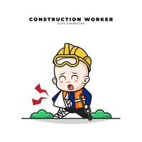 personnage de dessin animé mignon de bébé ouvrier du bâtiment avec un geste de fracture du bras et de la jambe