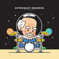 personnage de dessin animé mignon d'astronautes de grand-père joue de la batterie vecteur