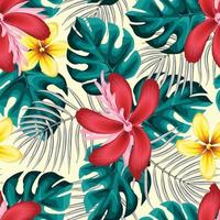 motif tropical harmonieux à la mode avec monstera coloré et feuilles de palmier sur fond beige avec dessin de fleur de frangipanier abstraite jaune pour l'impression de texture de chemise d'été. papier peint tropical vecteur