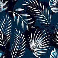 feuilles de palmier bleues abstraites et motif sans couture de feuillage sur fond sombre. motif tropical. tissu imprime la texture. conception abstraite de la nature. papier peint tropical. tropiques exotiques. conception d'été vecteur