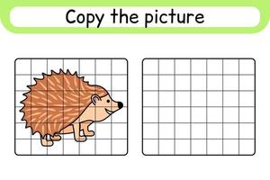 copier l'image et colorier le hérisson. compléter le tableau. terminer l'image. livre de coloriage. jeu d'exercices de dessin éducatif pour les enfants vecteur