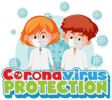 affiche de protection contre les coronavirus avec des enfants portant des masques et une cellule virale vecteur