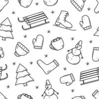 éléments de motif de doodle sans soudure d'éléments de noël et du nouvel an, fleurs d'épinette et d'hiver, flocons de neige, traîneaux, patins, chocolat chaud, vêtements d'hiver