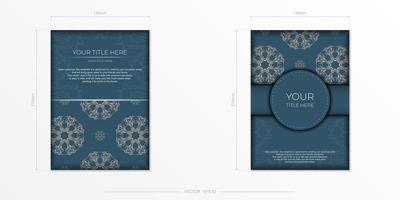 carte postale rectangulaire de couleur bleue avec un ornement lumineux luxueux. conception vectorielle de carte d'invitation avec des motifs vintage. vecteur