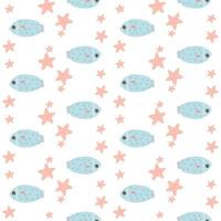 joli motif illustré avec des poissons, des pieuvres, des algues, des coquillages. poisson dessiné à la main sur un motif pour textiles, vêtements pour enfants, papier peint, papier d'emballage, étuis pour smartphone. vecteur