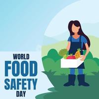illustration graphique vectoriel d'une femme porte un chariot rempli de fruits et légumes, parfait pour la journée mondiale de la sécurité alimentaire, célébrer, carte de voeux, etc.