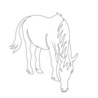 le cheval mange le style de dessin d'art en ligne d'herbe, le croquis de cheval linéaire noir isolé sur fond blanc et la meilleure illustration vectorielle d'art en ligne de cheval. vecteur