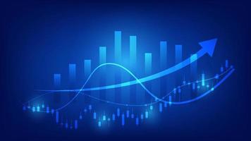 les statistiques des entreprises financières avec un graphique à barres et un graphique en chandeliers montrent le prix du marché boursier et les gains effectifs sur fond bleu vecteur