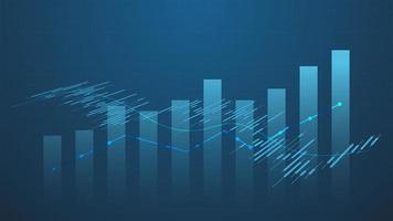 concept de graphique boursier et de trading de crypto-monnaie. le chandelier et le graphique à barres avec indicateur de volume montrent l'argent numérique ou les statistiques financières et la gestion des revenus des entreprises sur fond bleu vecteur