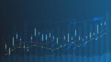 concept de graphique boursier et de trading de crypto-monnaie. le chandelier et le graphique à barres avec indicateur de volume montrent l'argent numérique ou les statistiques financières et la gestion des revenus des entreprises sur fond bleu vecteur