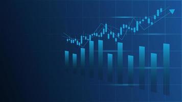 notion de situation économique. les statistiques des entreprises financières avec un graphique à barres et un graphique en chandeliers montrent le cours de la bourse et le taux de change sur fond bleu vecteur