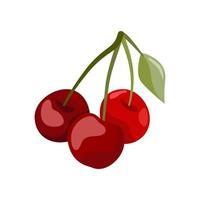 les trois cerises rouges avec une feuille verte vecteur