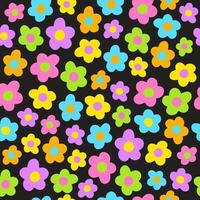jolies belles fleurs ditsy répétant néon coloré floral illustration dessinée à la main vecteur motif sans couture texture textile tissu imprimé fond noir papier, couverture, tissu, décoration intérieure